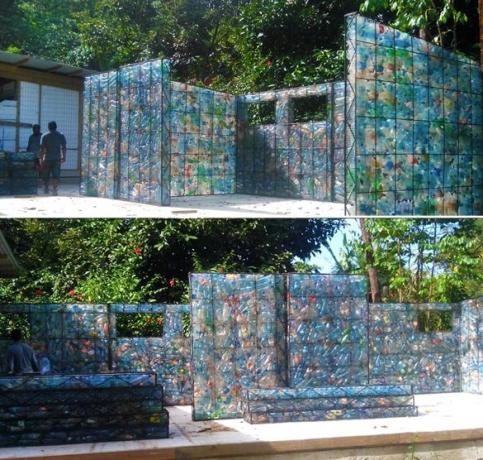 For strengthening the structure a plastic bottle can be pre-fill sand. It will substitute "brick".