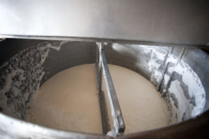 Gradually add milk fermented milk whey. After mixing the contents coagulate. 